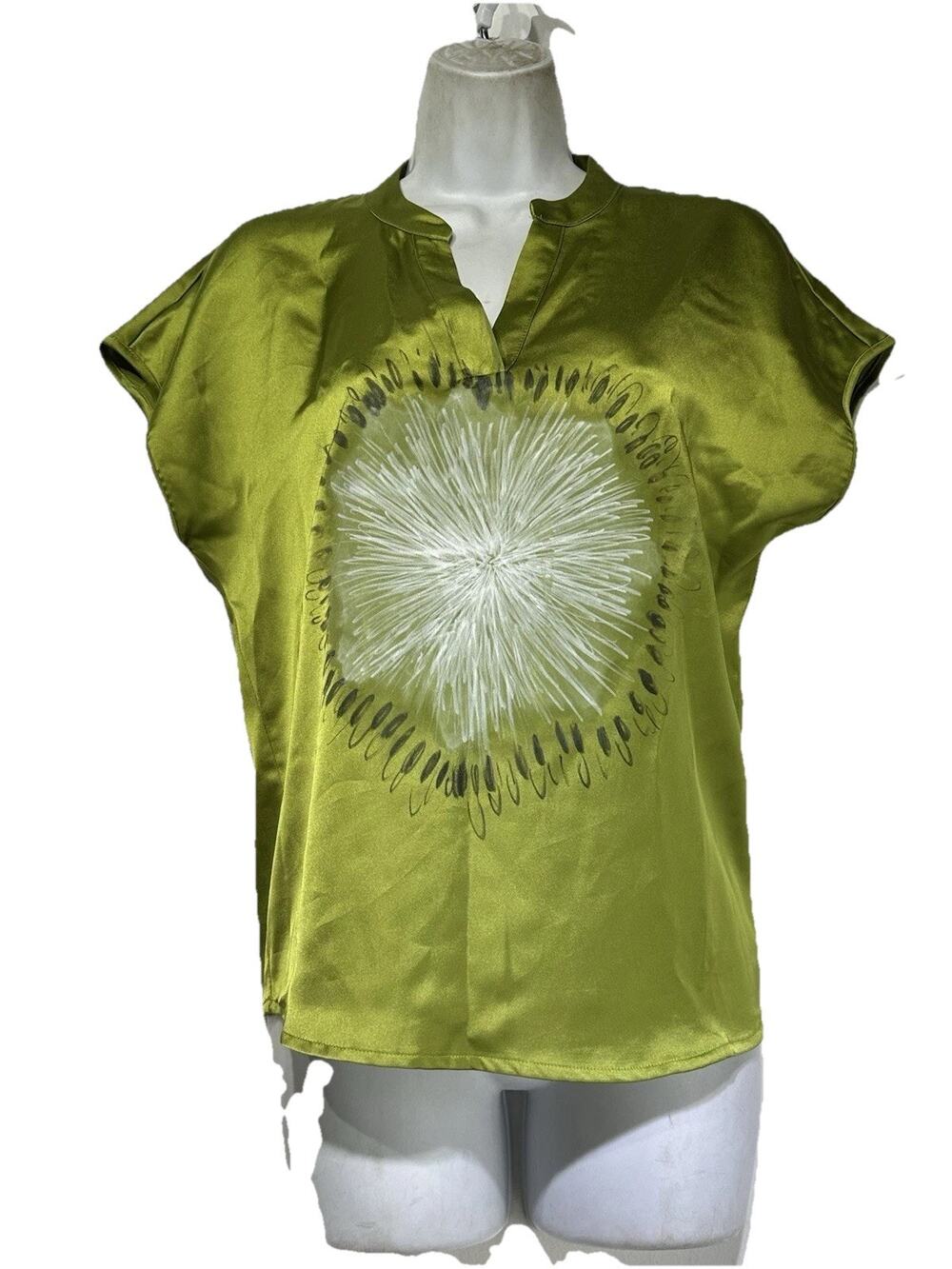 nicole miller new york satin green oversized handpainted dandelion blouse Size S